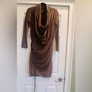 Chic Long Sleeve Cowl Neck Dress in Brown